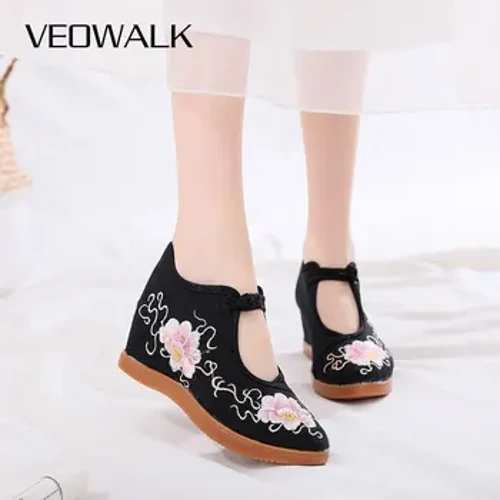 Veowalk Ẩn Nền Tảng Nữ Vải Cotton Thêu Giày Dép Nữ Thoải Mái Retro Phong Cách Trung Hoa Giày