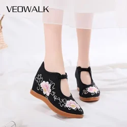 Veowalk plate-forme cachée femmes coton tissu chaussures brodées dames décontracté chaussures confortables rétro Style chinois chaussures