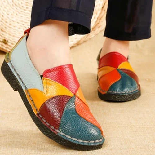 Pantofi de damă retro, stil etnic, mix de culori, cu cap rotund, pantofi din piele cu talpă moale, toamnă, pantofi mari, cu slip-on, Tenis Feminino