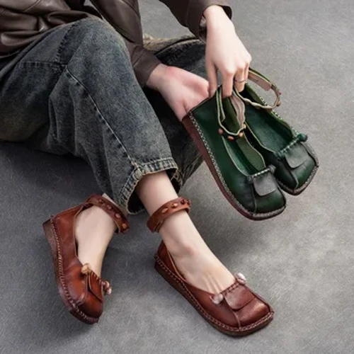 Birkuir Women Mary Jane Viatu Square Toe Flats Genuine Leather Loafers Retro Hook Kitanzi Kichina Mtindo Laini Soles Ladies Viatu