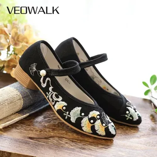 Veowalk sapatos femininos bordados com folhas de ginkgo, tecido jacquard, bico fino, algodão, com pérolas, rebites, sapatos chineses