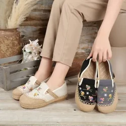 Chaussures d'été simples de Style ethnique pour femmes, chaussures paresseuses à bout rond large, en coton et chanvre brodées, Mori Girl, décontractées, confortables, Flattie, nouvelle collection