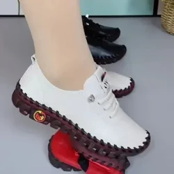 Chaussures simples en cuir souple, confortables, nouées à fond plat, pour mère, pieds larges et gras, Surface inférieure du tendon de vache, pour femmes d'âge moyen