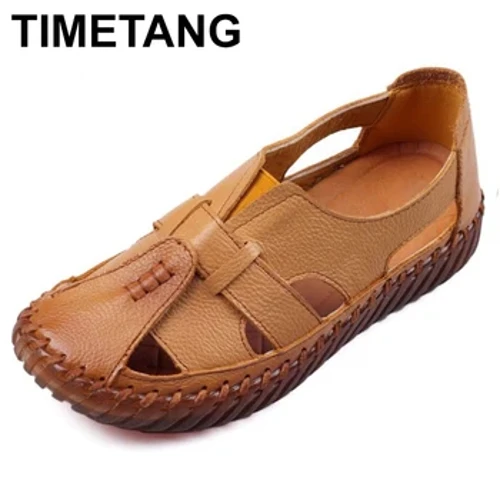 Timetang kvinnors sandaler 2022 sommar äkta läder handgjorda damer sko läder sandaler kvinnor lägenheter retro stil morskor