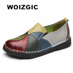 WOIZGIC Dame Dame Kvinde Kvinde Moder Sko Flade Loafers i ægte læder Mokkasiner Blandet Farverige Slip On Plus Størrelse 42