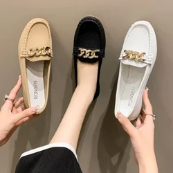 kevät syksy uudet papukengät naaras Naiset pyöreä pää matalakorkoinen metalliketju vapaa-ajan jalkineet äitikengät Lady Loafer