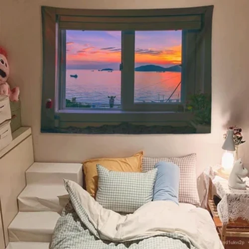 Addurno Cartref Tapestri Wal Crog Sea View Ffenestr Cefndir Bouguer Ystafell Wely Ffres Ystafelloedd cysgu Ar ochr y Gwely Homestay
