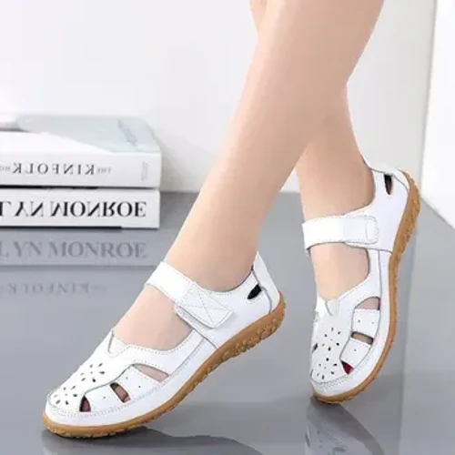 Damen-Sommersandalen, ausgehöhltes Design, Leder, Mom-Schuhe, atmungsaktive Krankenschwesterschuhe, weiße Slip-on-Casual-Flats