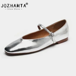 I-JOZHAMTA Usayizi 34-43 Izicathulo ze-Ballet Flats Zabesifazane Ezithambile Isikhumba Sangempela 2024 Ins Ibhande Lebhande Lesiliva Elijwayelekile Izithende Eziphansi Izigqoko Zomshado