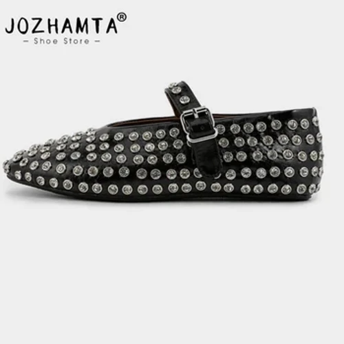 JOZHAMTA ขนาด 35-40 ผู้หญิง Sparkly คริสตัลรองเท้า Mary Janes บัลเล่ต์หนังนุ่มส้นรองเท้า Ins 2024 ฤดูใบไม้ผลิสบายๆทุกวัน