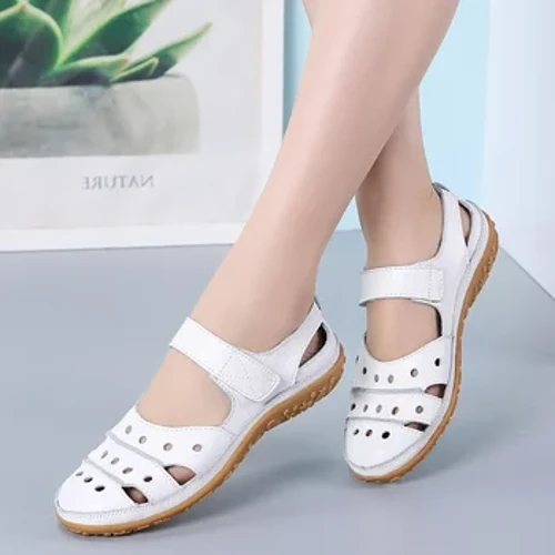 Udako emakumezkoen larruzko sandaliak hutsik lauak zuriak moda casual emakumezkoen oinetakoak behatz biribilak irristagaitzak tamaina 35-42 zapatak mujer
