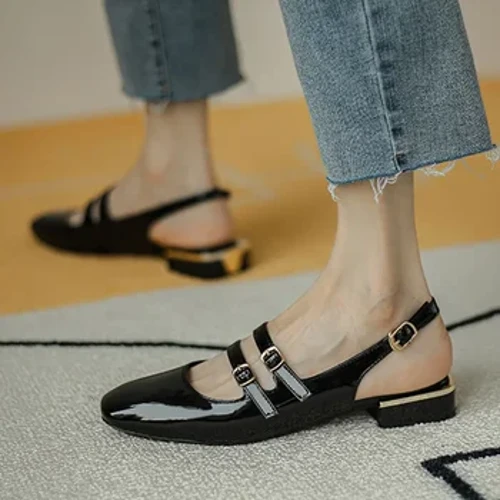 Viatu vya Wanawake Viatu vya Majira ya joto Viatu vya Mwanamke Flats Double Buckle Mary Janes Viatu Patent Mavazi ya Ngozi Viatu Kamba ya Nyuma Zapatos Mujer 9278N