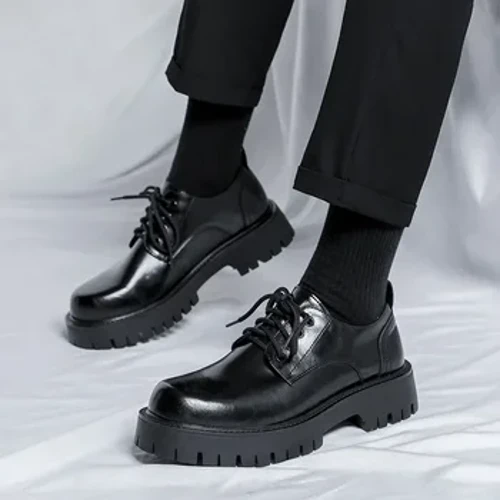 Vyriški Korėjos odinė platforma „Oxfords Slip On Thick Tottom“, skirta vyriškiems derbio batams Laisvalaikiai „Loafers“ Vyriški kvadratiniai pirštai oficialios suknelės batai