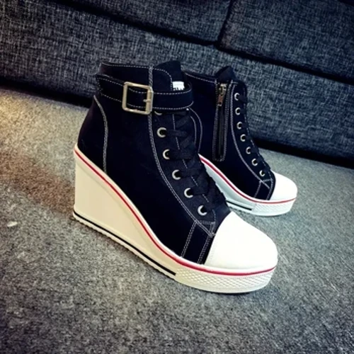 Viatu vya Juu vya Turubai vya Juu vya Wanawake Viatu vya Denim vya Kifundo cha mguu Vifuniko vya Wanawake Viatu vya Viatu vya Kifundo cha mguu 8cm Visigino Sneakers