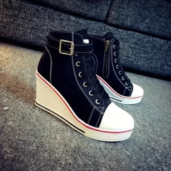 Viatu vya Juu vya Turubai vya Juu vya Wanawake Viatu vya Denim vya Kifundo cha mguu Vifuniko vya Wanawake Viatu vya Viatu vya Kifundo cha mguu 8cm Visigino Sneakers