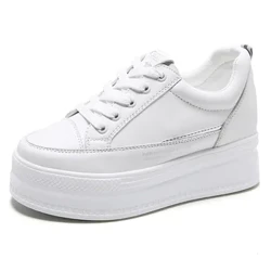 7Cm Phân Da Nữ Giày Trắng Nền Tảng Nêm Ẩn Gót Giày Trắng Chun Giày Ván Trượt