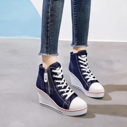 Sepatu Kanvas Tumit Tersembunyi Wanita Wedge Wedge Wedge Sisi Ritsleting Meningkat Kasual Sepatu Platform Bernapas Tinggi
