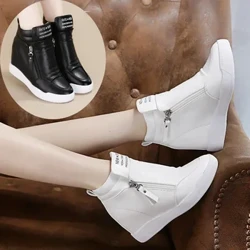 Kvinder Casual Sneakers Læder Platform Kilestøvler Skjult hæl Forøg Kvinde Chunky Sidelynlås Vulkaniseret Hip Top Sko