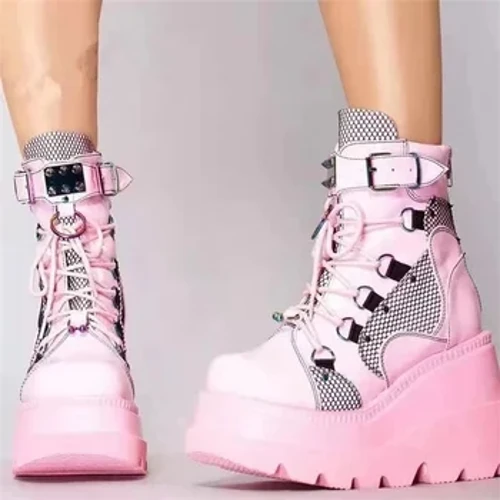 Phụ Nữ Mới Punk Gothic Xe Máy 2023 Nền Tảng Chun Cao Cấp Mắt Cá Chân Boot Nữ Thoáng Mát Nêm Người Phụ Nữ Đen Nữ