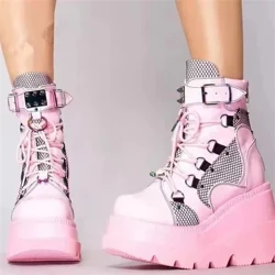 ʻO nā wahine hou Punk Gothic mau kāmaʻa kaʻa 2023 Platform Chunky High Heel Ankle Boot Ladies Cool Wedge Wahine ʻeleʻele kāmaʻa wahine.