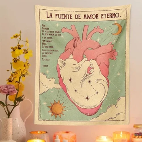 Kot gobelin Tarot słońce księżyc wieczne serce ściana artystyczna ściana wisząca słodki kociak gobeliny pokój dziecięcy salon sypialnia wystrój pokoju