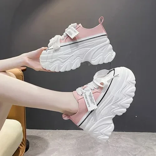 Kvinner Chunky Sneakers Ny Høst Skjult Hæl Plattform Sport Pappa Sko Kvinne Snøring Lær Pustende Mesh Fritidssko 8CM Hot
