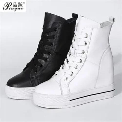 Femmes en cuir véritable 8cm caché baskets à semelles compensées chaussures à plate-forme talons hauts baskets femme chaussures décontractées blanc femmes formateur