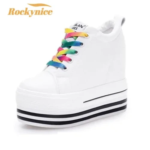 Chaussures en toile compensées à talons de 12CM pour femmes, baskets à plateforme haute, vulcanisées, talon caché, augmentant la hauteur, décontractées, nouvelle collection 2023