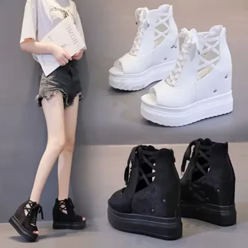 Sneakers Merched Uchaf Uchel Gwanwyn Hydref Heel Cudd Newydd Esgidiau Achlysurol Ochr Zip Merched Llwyfan Lletem Esgidiau Rhybed Zapatillas Mujer