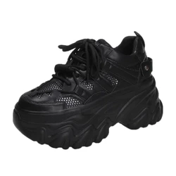 2024 Musim Panas Bernapas Mesh Sneakers 8CM Tumit Tersembunyi Musim Semi Platform Tinggi Olahraga Ayah Sepatu Wanita Wedges Kasual Chunky Sneakers