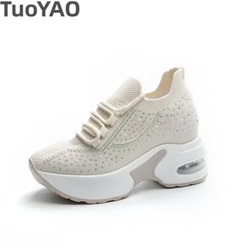 Air Mesh Women Platform Rento Hengittävät Kevätlenkkarit 8cm Kiilat Piilotetut korkokengät Vulkanoidut Ontot Vapaa-ajan kristallikengät