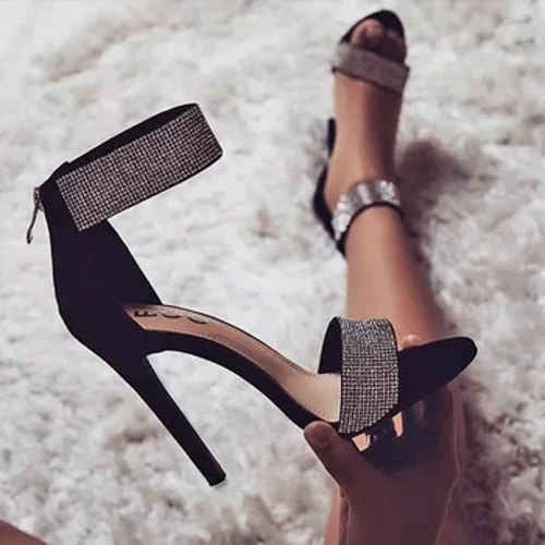 Sandalau Merched Strap Ffêr 2023 Rhinestones Ffasiwn Haf Tenau Sodlau Uchel Gladiator Sandal Band Cul Gwisg Parti Esgidiau Pwmp
