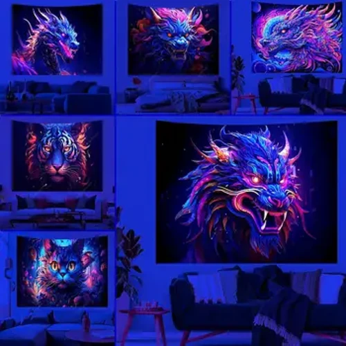 Động Vật UV Phản Ứng Cấp Ảo Giác Rồng Sư Tử Hổ Sói Mèo Tấm Thảm Hippie Phòng Ngủ Thẩm Mỹ Sofa Chăn Trang Trí Nhà Cửa