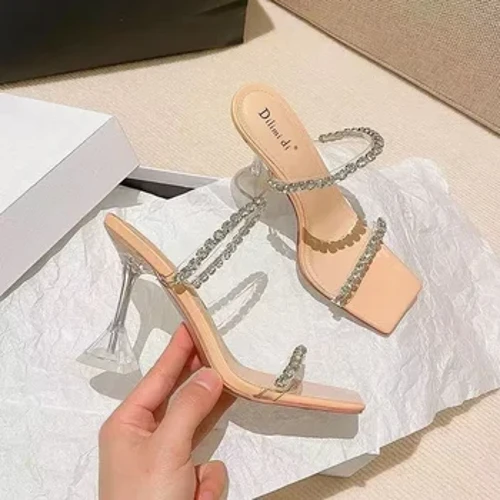 Ny sommer sexy mote åpen tå damesandaler Vann diamant skinnende firkantet bankett høye hæler for kvinner Stor design