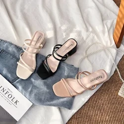 Nā Kamaa Wahine Wahine Square Heels Elegant Summer Slippers ma waho o ke keʻa i hoʻopaʻa ʻia i ka ʻili wahine Slides 2023 Fashion Wahine kamaa