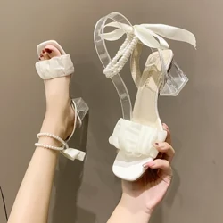 2024 Neue Sommermode Spitzenperlenschmuck Sandalen Sommer Elegante lässige dicke Absätze Offene Zehen Damenschuhe Nr.: 1818