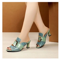2024 Toe Agored Sandalau Merched Sliperi sawdl Canol Trwchus Cain Ffasiwn Cysur Haf Menyw Sodlau Canol Esgidiau Chaussure Femme