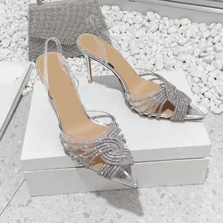 Designer Brand Women Pumps Rhinestones High Heels Transparent Sandals Slingbacks Pointed Toe Party Party Bride Fa'aipoipo seevae Tama'ita'i