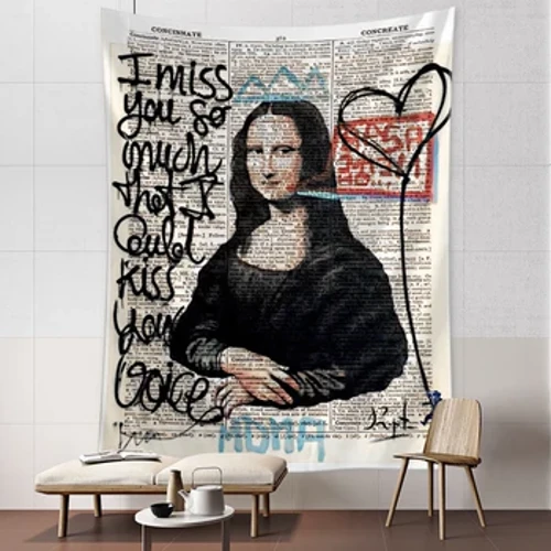 Mona Lisa Graffiti Tapestry Fa'apipi'i Papuipui Sitaili Boho Psychedelic Witchcraft Hippie Tapestry Potu Potu Ola Fa'ata'i Fale