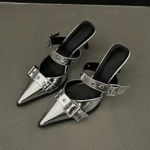 Punk Goth Metal Buckle High Heels seevae o tama'ita'i 2024 Summer Pointed Toe Silver seevae Pati Fafine Style Korea mulivae seevae seevae
