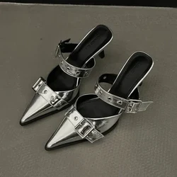 Punk Goth Metal Buckle High Heels seevae o tama'ita'i 2024 Summer Pointed Toe Silver seevae Pati Fafine Style Korea mulivae seevae seevae