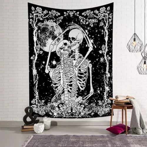 Lua céu estrelado flor abraço crânio tapeçaria preto bruxaria pendurado na parede pano tapete tapeçarias hippie teto quarto decoração de casa