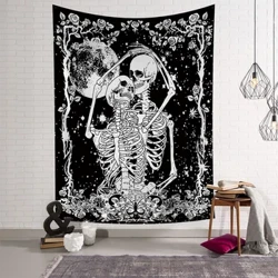 Lua céu estrelado flor abraço crânio tapeçaria preto bruxaria pendurado na parede pano tapete tapeçarias hippie teto quarto decoração de casa