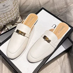 Stor storlek Nytt Kvinnor Sommar Läder Mules Tofflor Mode Utomhus Söta Casual Sandaler Flicka Flats Slip-on Loafers