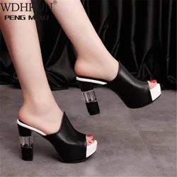 Nữ Da Đế Dép Nữ Cao Cấp Gợi Cảm Con La Guốc Đen Peep Toe Nền Tảng Con La Emal Slip on Sandals