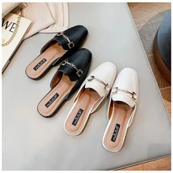 2024, eleganter Sommer, Damen, Designer, runde Zehenpartie, modische Metall-Hausschuhe, süße schwarze Pantoletten für Damen, Strandschuhe für draußen, große Größe