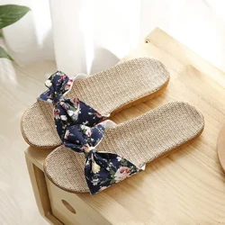 Sleamhnáin Ócáideacha Samhraidh na mBan Bróigíní Líon Compordach Línéadaigh Bow Striped Smeach Flops Ardán Sandals Bróga Laistigh na mBan