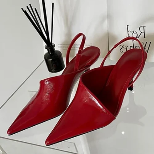Sandalias de tacón alto fino rojo a la moda, sandalias con punta en pico, zapatos sin cordones para mujer, zapatos de tacón elegantes y poco profundos para vestido de fiesta