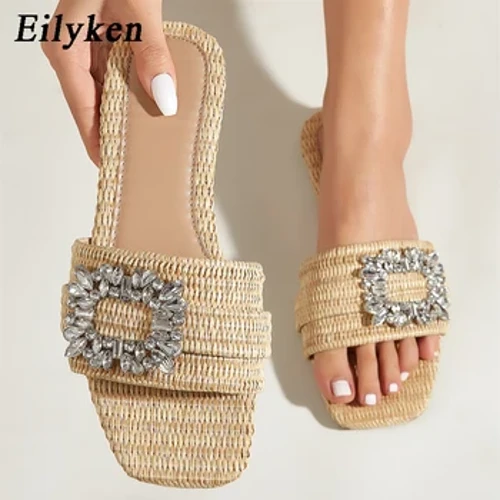 Eilyken ljetne svjetlucave ženske papuče s dijamantima, sandale od kristala s ravnim dnom, tobogan za plažu Zapatos muje
