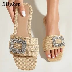 Eilyken Musim Panas Glitter Rhinestone Sandal Wanita Cerah Berlian Datar Bawah Tebu Kristal Sandal Pantai Slide Sepatu Zapatos muje